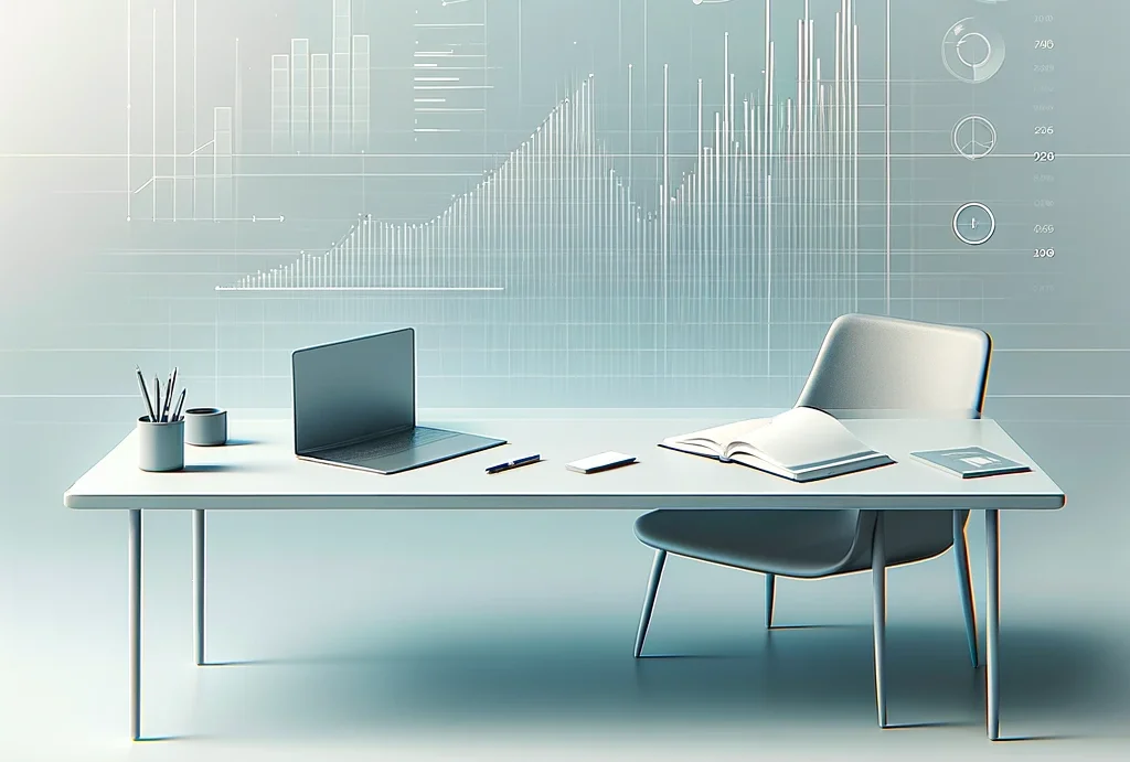 DALL·E 2024-04-23 15.07.33 – A minimalist and abstract representation of financial planning, featuring a simple desk with only a few essential items_ a streamlined chart, a sleek